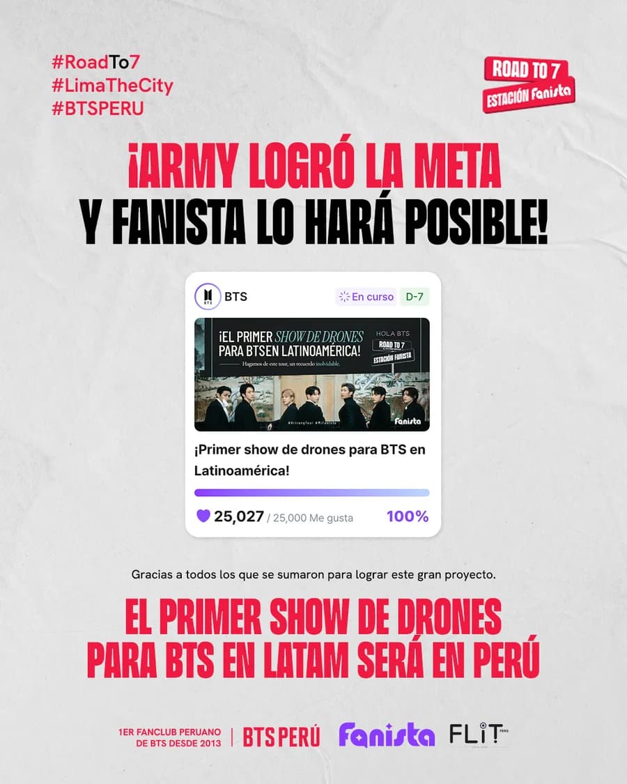 Pieza de BTS Perú y Fanista: «¡ARMY logró la meta y Fanista lo hará posible!», con la campaña al 100% y el texto «El primer show de drones para BTS en Latam será en Perú».
