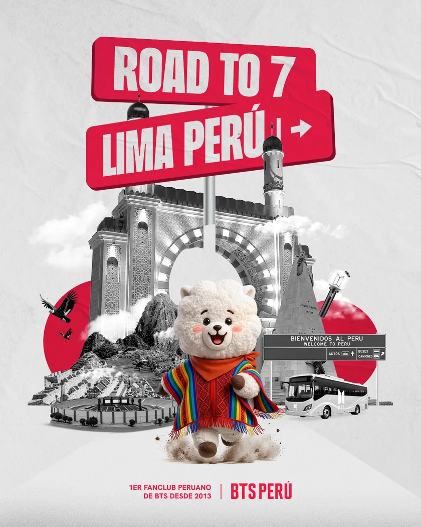 Key Visual de ROAD TO 7: RJ, con poncho andino de colores, corre delante de un collage en blanco y negro con el Estadio Nacional montado para un concierto, Machu Picchu, un arco con torre del reloj, el monumento a Jorge Chávez, un cartel de carretera que dice «Bienvenidos al Perú», un ARMY BOMB y un bus de BTS. Arriba, los letreros ROAD TO 7 y LIMA PERÚ; abajo, «1er fanclub peruano de BTS desde 2013 · BTS Perú».